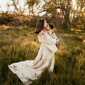 Reclamation Bohemian Beige Crochet-Trim Maxi Dress